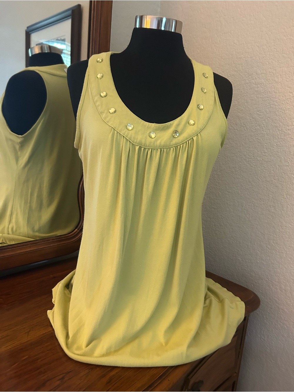 Loulou  Sleeveless Chartreuse Embellished Scoop-Neck Tank.